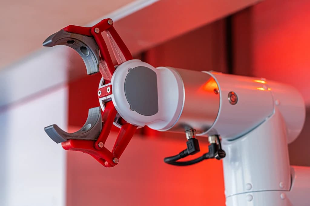 Close-up of the red gripper on the robotic arm