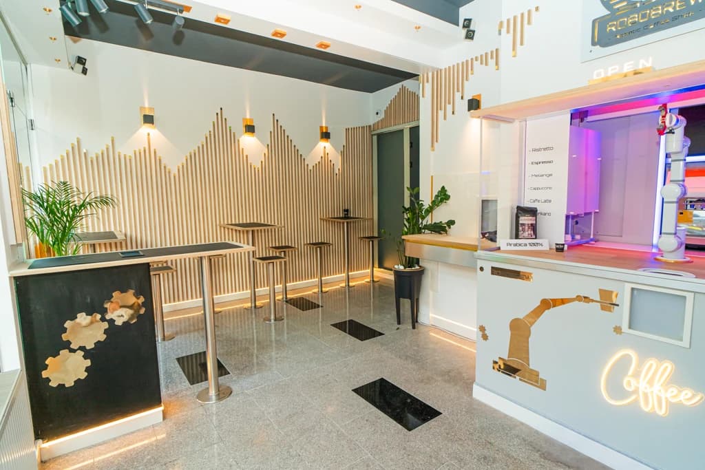 Bright cafe interior with seating area and bar